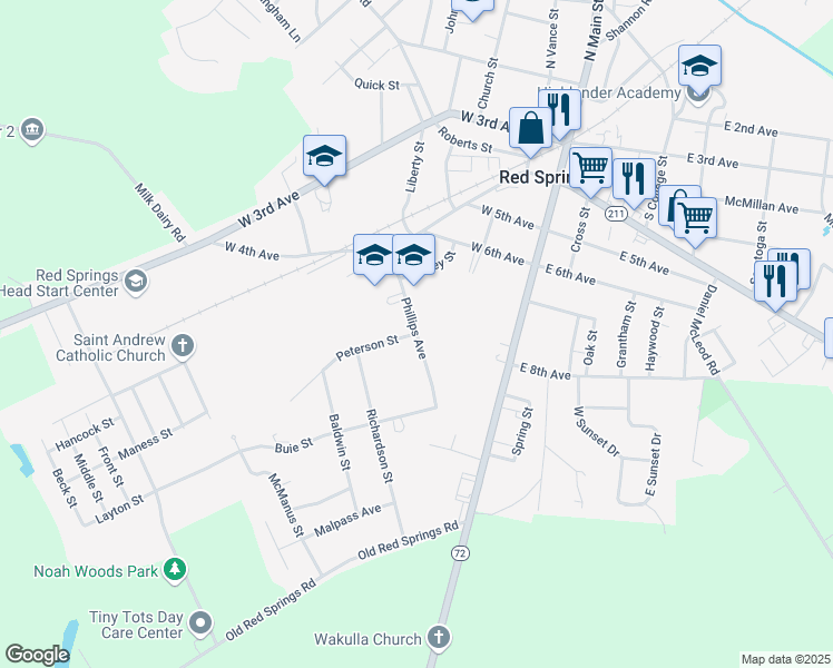map of restaurants, bars, coffee shops, grocery stores, and more near Phillips Avenue in Red Springs