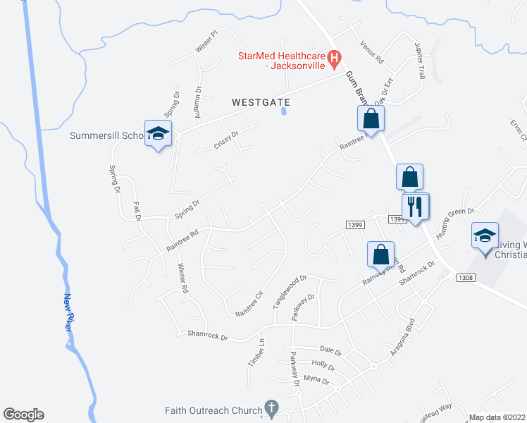 map of restaurants, bars, coffee shops, grocery stores, and more near 400 Raintree Road in Jacksonville