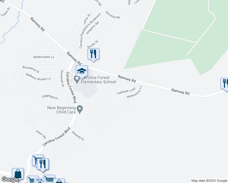 map of restaurants, bars, coffee shops, grocery stores, and more near 414 Caldwell Loop in Jacksonville