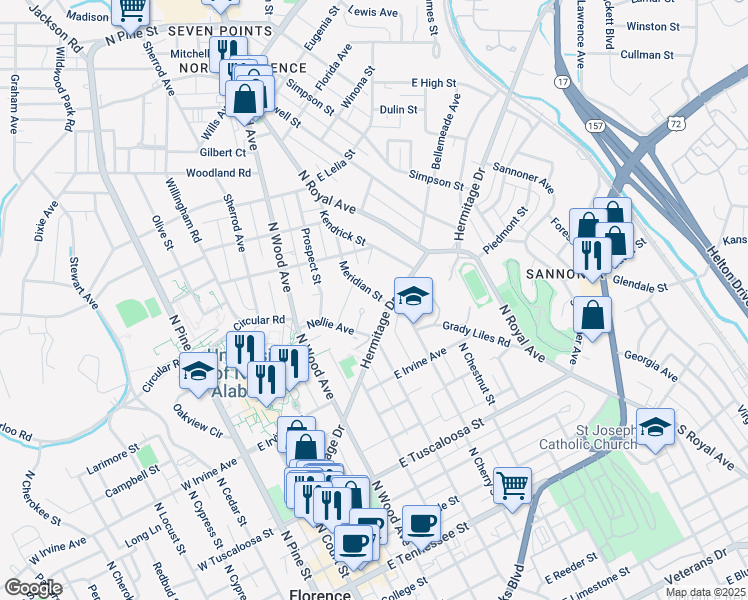 map of restaurants, bars, coffee shops, grocery stores, and more near 713 Meridian Street in Florence