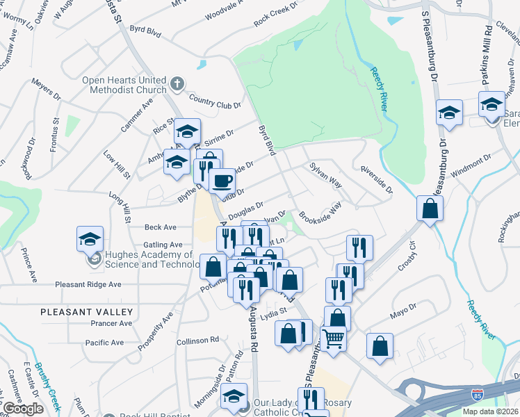 map of restaurants, bars, coffee shops, grocery stores, and more near 38 Douglas Drive in Greenville