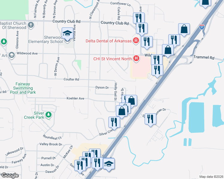 map of restaurants, bars, coffee shops, grocery stores, and more near 1217 Dyson Street in Sherwood