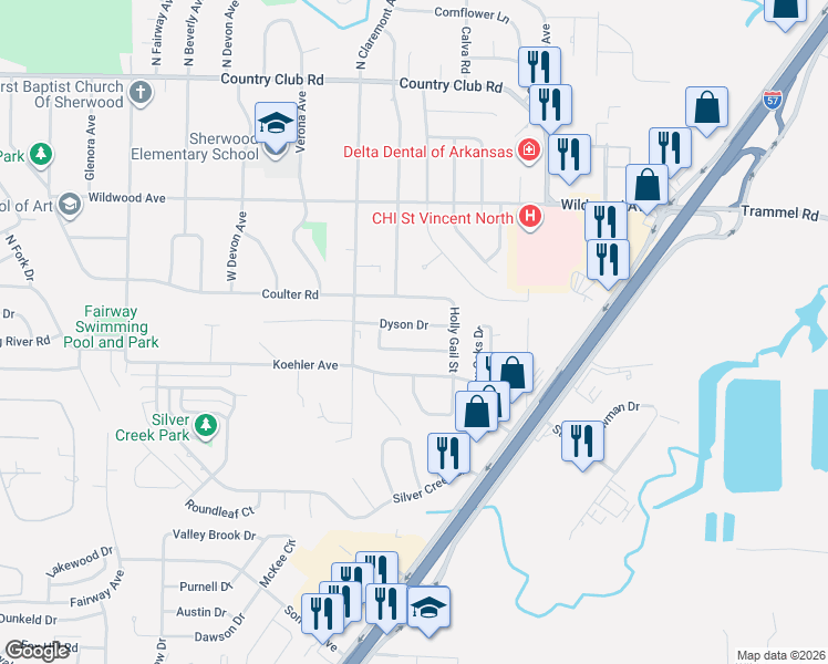 map of restaurants, bars, coffee shops, grocery stores, and more near 1207 Dyson Street in Sherwood