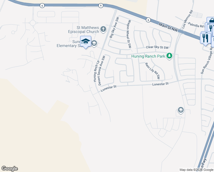 map of restaurants, bars, coffee shops, grocery stores, and more near 3321 Prairie Sage Street Southwest in Los Lunas