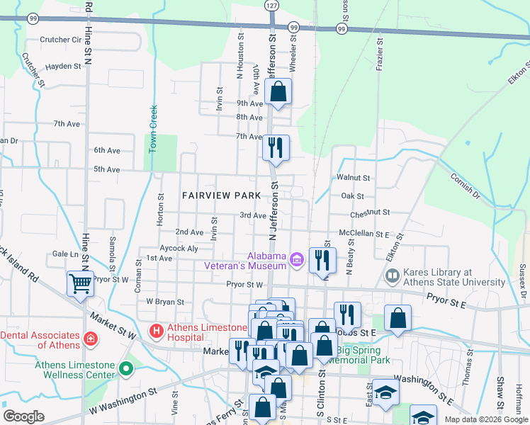 map of restaurants, bars, coffee shops, grocery stores, and more near 703 North Madison Street in Athens