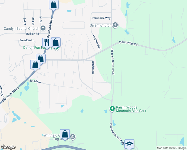 map of restaurants, bars, coffee shops, grocery stores, and more near 217 Roberts Drive in Dalton