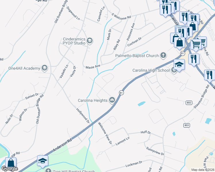 map of restaurants, bars, coffee shops, grocery stores, and more near 2 Theodore Circle in Greenville