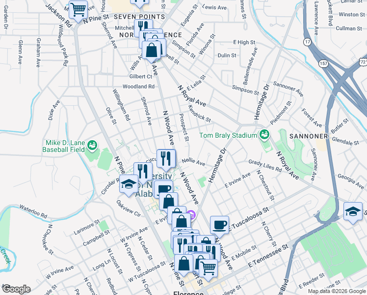 map of restaurants, bars, coffee shops, grocery stores, and more near 730 North Wood Avenue in Florence