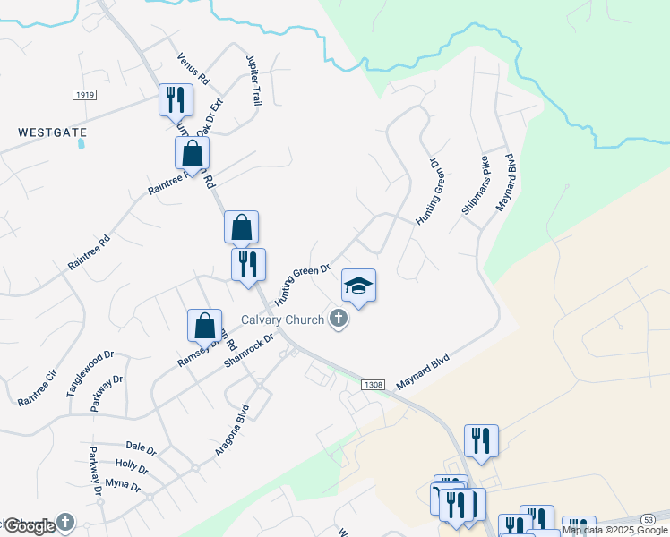 map of restaurants, bars, coffee shops, grocery stores, and more near 116 Grey Fox Lane in Jacksonville