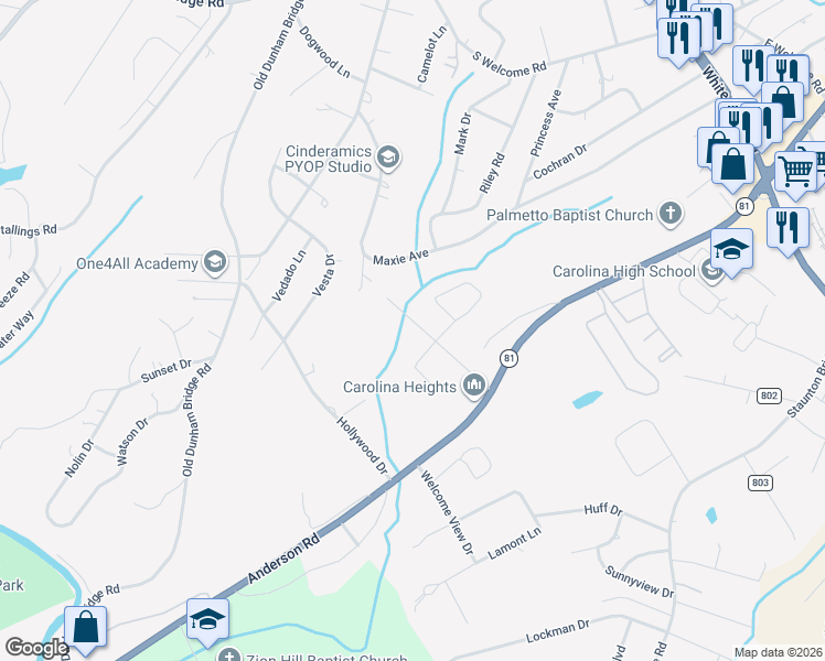 map of restaurants, bars, coffee shops, grocery stores, and more near 109 Theodore Drive in Greenville