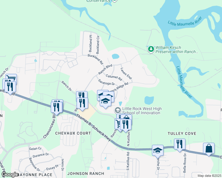 map of restaurants, bars, coffee shops, grocery stores, and more near 50 Ranch Ridge Road in Little Rock