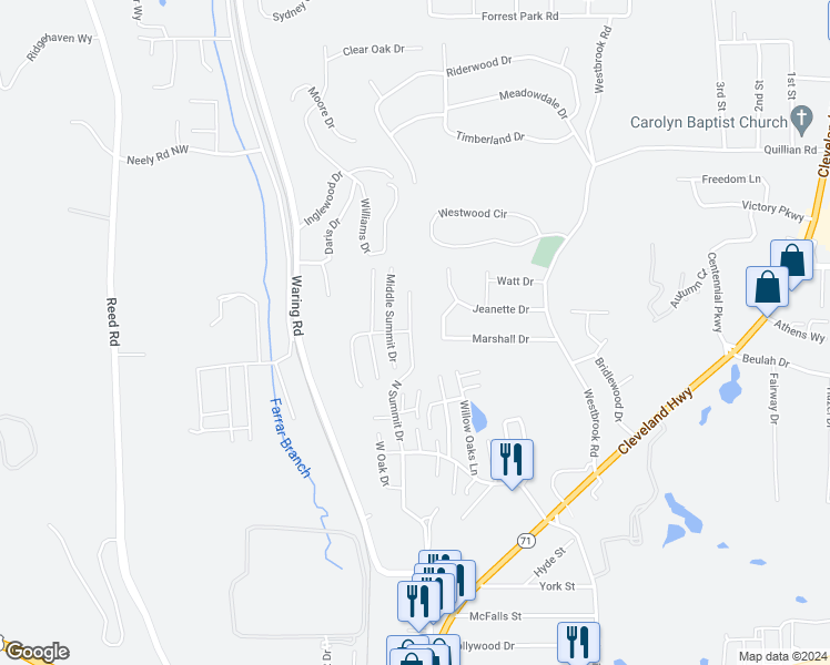 map of restaurants, bars, coffee shops, grocery stores, and more near 1898 North Summit Drive in Dalton