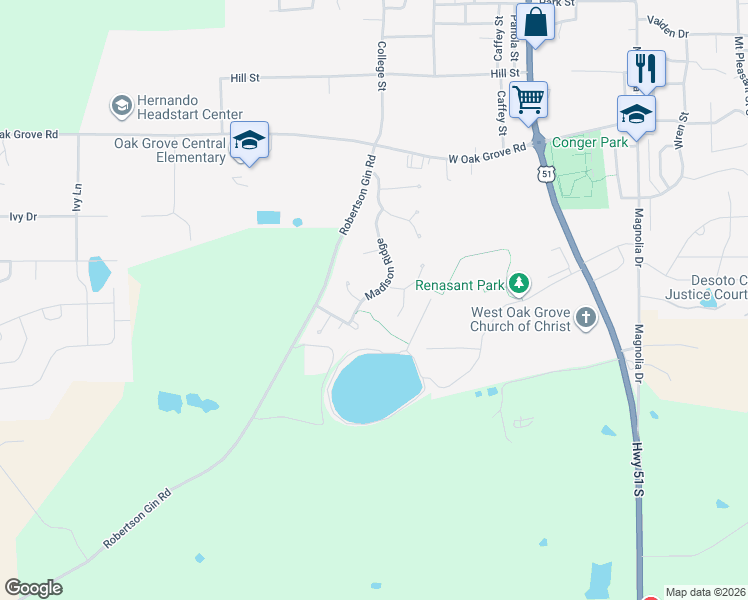 map of restaurants, bars, coffee shops, grocery stores, and more near 3725 Madison Ridge in Hernando