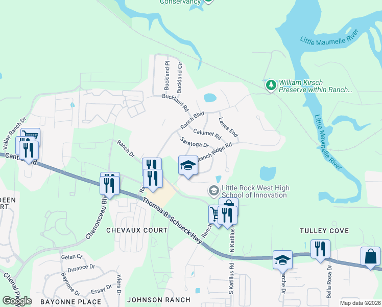 map of restaurants, bars, coffee shops, grocery stores, and more near 15 Cobblestone Way in Little Rock