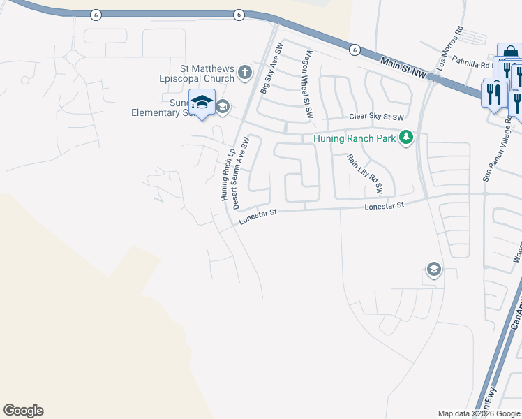 map of restaurants, bars, coffee shops, grocery stores, and more near 3321 Prairie Sage Street Southwest in Los Lunas