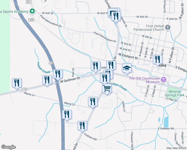 map of restaurants, bars, coffee shops, grocery stores, and more near 1212 West Quitman Street in Iuka