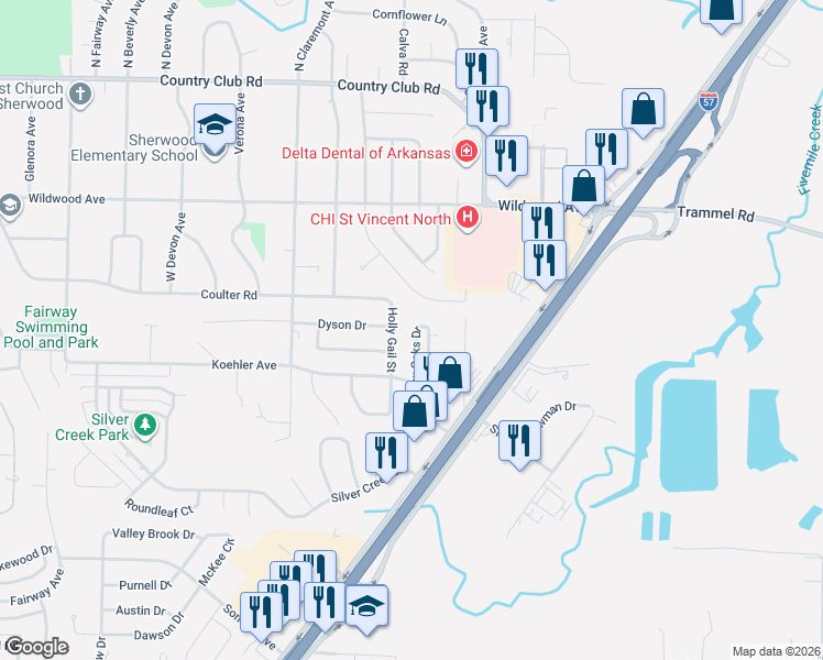 map of restaurants, bars, coffee shops, grocery stores, and more near 206 Shadow Oaks Drive in Sherwood