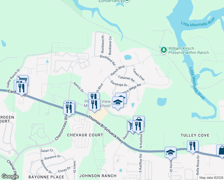 map of restaurants, bars, coffee shops, grocery stores, and more near 15 Cobblestone Way in Little Rock