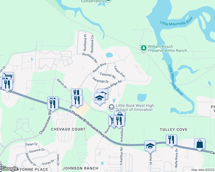 map of restaurants, bars, coffee shops, grocery stores, and more near 50 Ranch Ridge Road in Little Rock