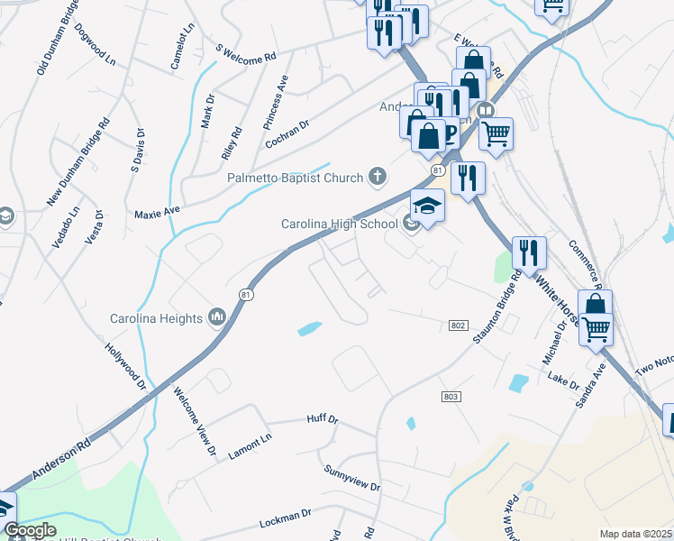 map of restaurants, bars, coffee shops, grocery stores, and more near 2735 Anderson Road in Greenville