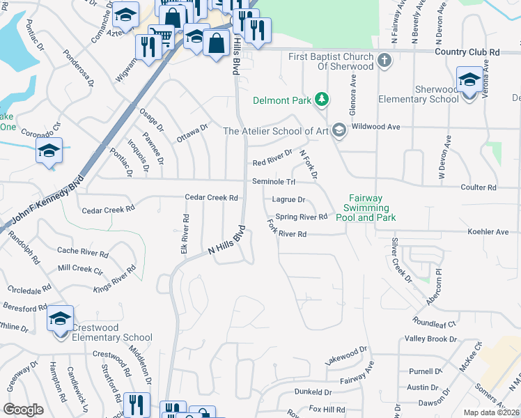 map of restaurants, bars, coffee shops, grocery stores, and more near 110 Fork River Road in North Little Rock