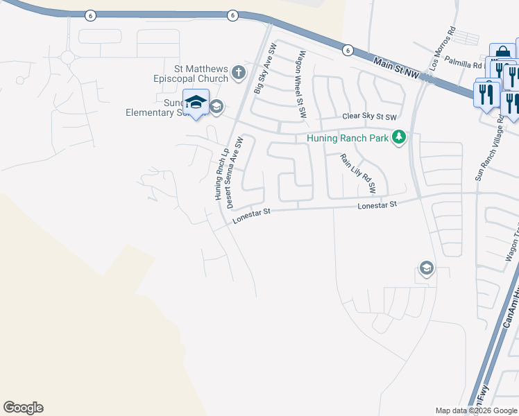 map of restaurants, bars, coffee shops, grocery stores, and more near 3321 Prairie Sage Street Southwest in Los Lunas