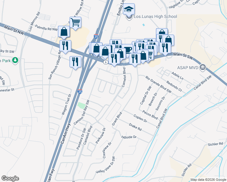 map of restaurants, bars, coffee shops, grocery stores, and more near 451 Angel Loop in Los Lunas