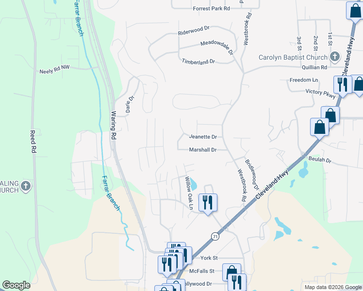map of restaurants, bars, coffee shops, grocery stores, and more near 128 Marshall Drive in Dalton