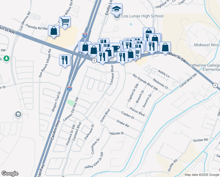 map of restaurants, bars, coffee shops, grocery stores, and more near 539 Long Bow Loop Southwest in Los Lunas