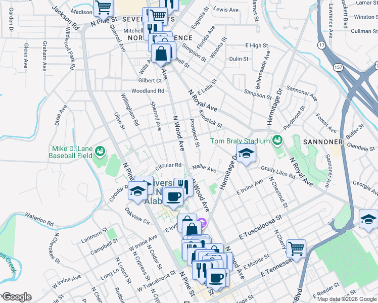 map of restaurants, bars, coffee shops, grocery stores, and more near 730 North Wood Avenue in Florence