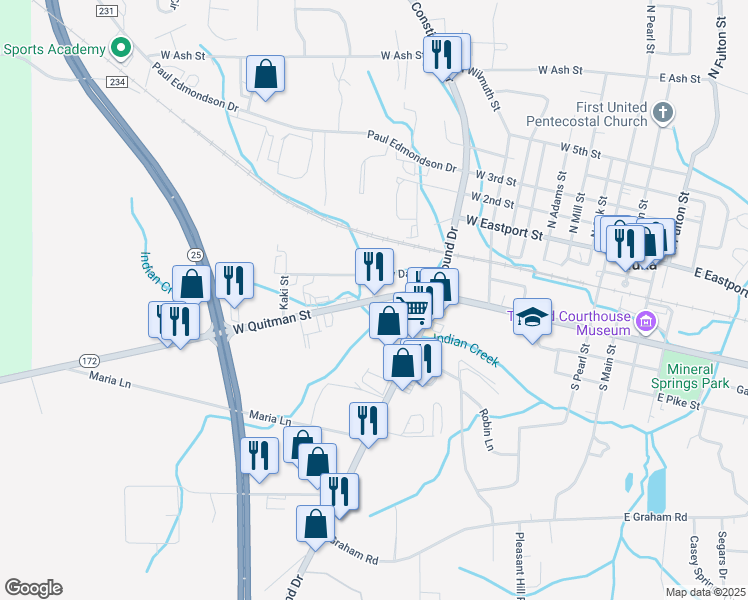 map of restaurants, bars, coffee shops, grocery stores, and more near 1212 West Quitman Street in Iuka