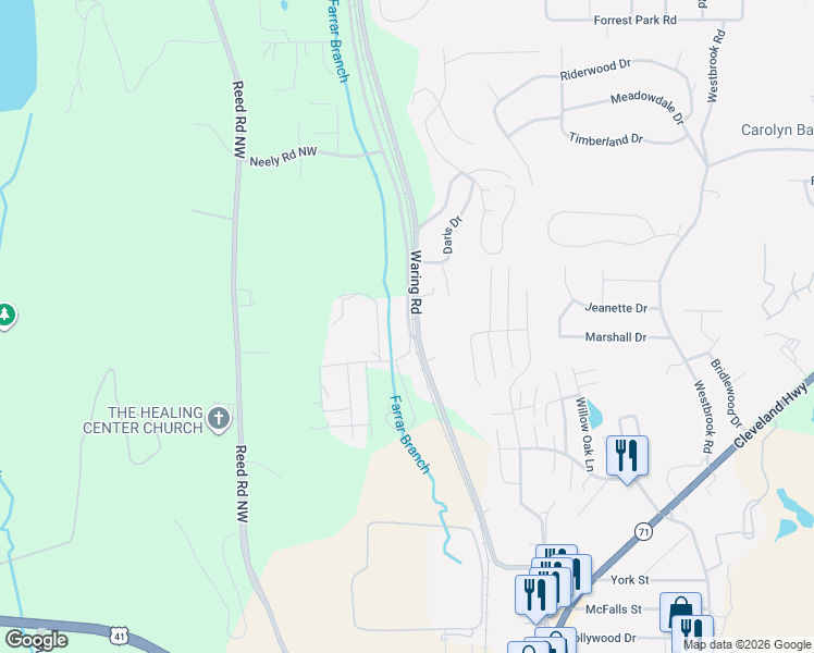 map of restaurants, bars, coffee shops, grocery stores, and more near 1712-1844 Freeport Rd NW in Dalton