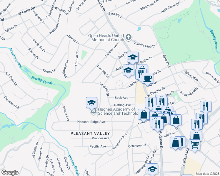 map of restaurants, bars, coffee shops, grocery stores, and more near 307 Long Hill Street in Greenville