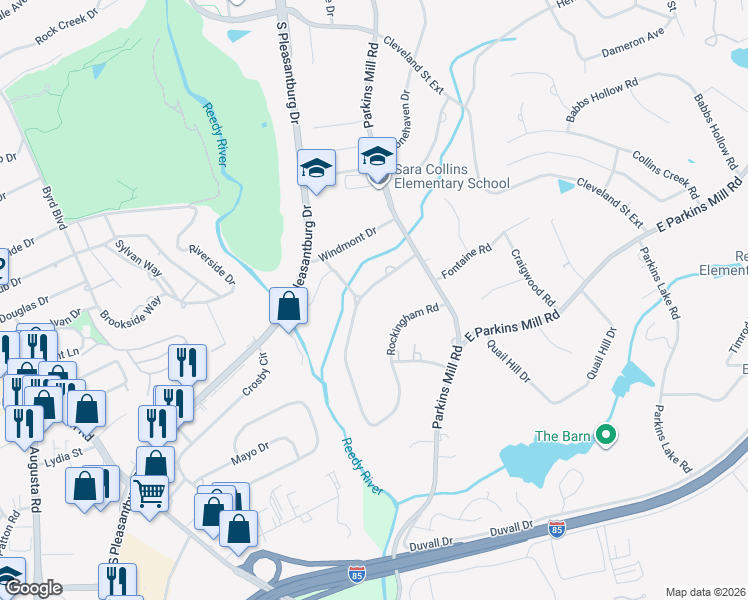 map of restaurants, bars, coffee shops, grocery stores, and more near 9 Rockingham Road in Greenville