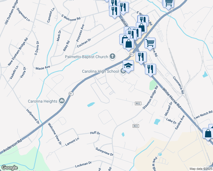 map of restaurants, bars, coffee shops, grocery stores, and more near 2735 Anderson Road in Greenville