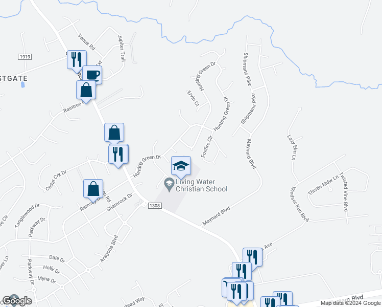 map of restaurants, bars, coffee shops, grocery stores, and more near 308 Overdale Circle in Jacksonville