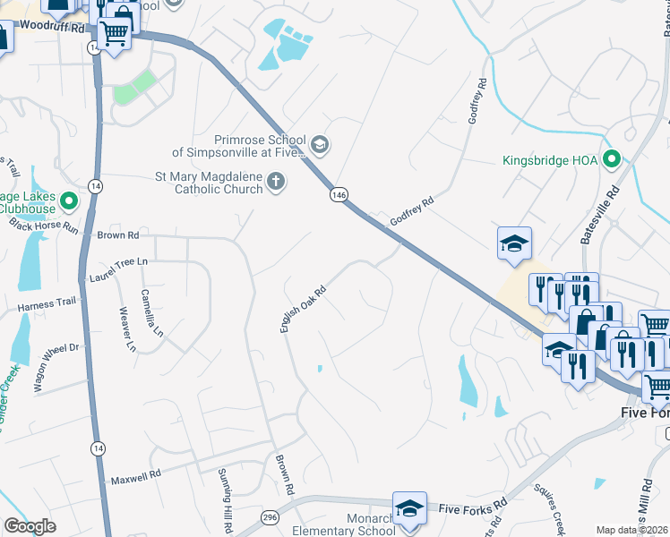 map of restaurants, bars, coffee shops, grocery stores, and more near 24 English Oak Road in Simpsonville