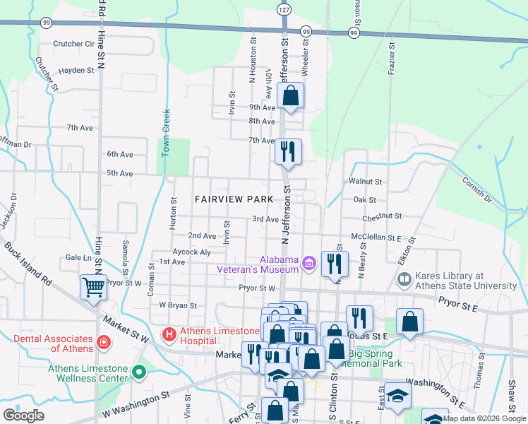 map of restaurants, bars, coffee shops, grocery stores, and more near 703 North Madison Street in Athens