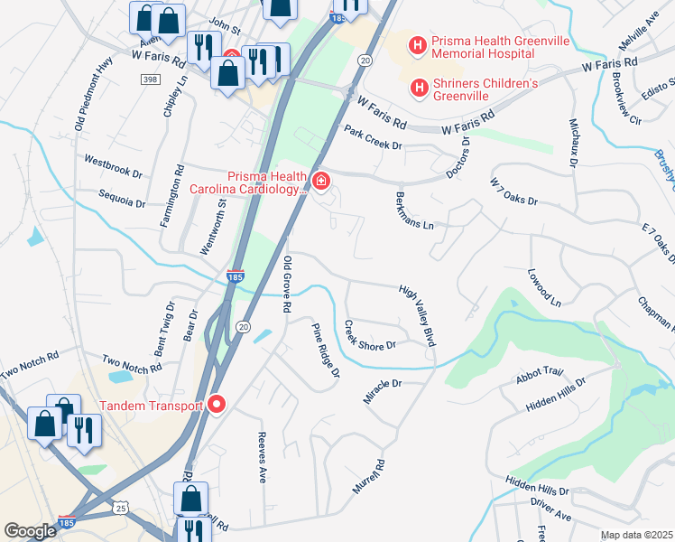 map of restaurants, bars, coffee shops, grocery stores, and more near 17 High Valley Boulevard in Greenville