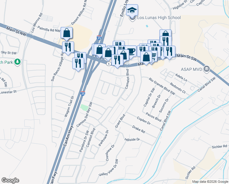 map of restaurants, bars, coffee shops, grocery stores, and more near 451 Angel Loop in Los Lunas
