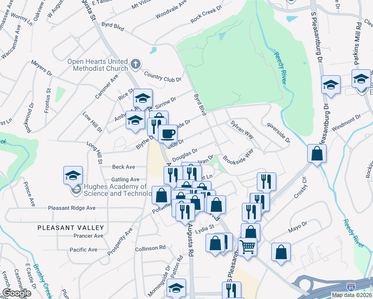 map of restaurants, bars, coffee shops, grocery stores, and more near 21 Douglas Drive in Greenville
