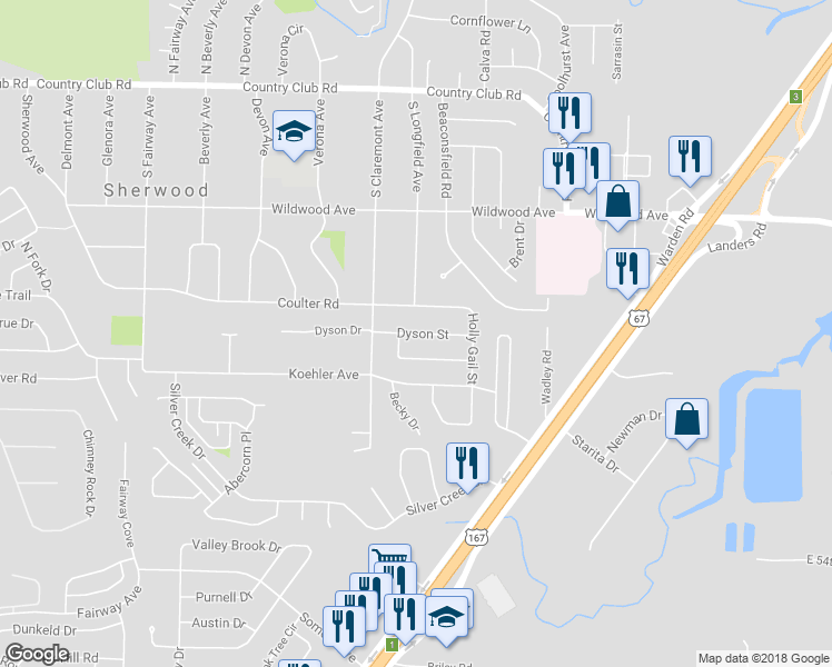 map of restaurants, bars, coffee shops, grocery stores, and more near 1221 Dyson Street in Sherwood