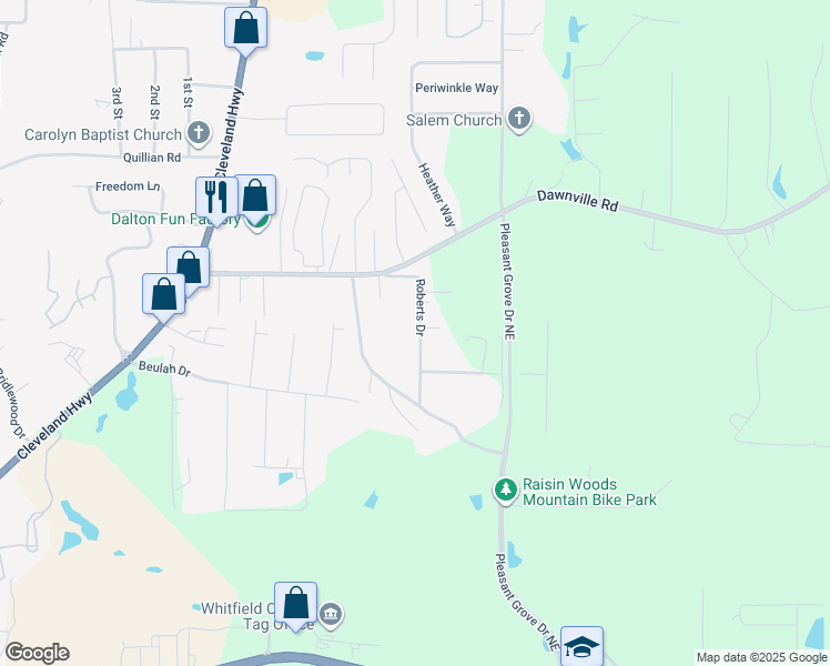 map of restaurants, bars, coffee shops, grocery stores, and more near 216 Roberts Drive in Dalton
