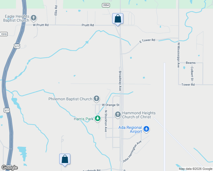 map of restaurants, bars, coffee shops, grocery stores, and more near 201-209 Tower Circle in Ada