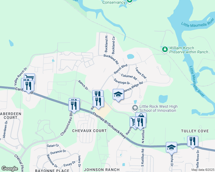 map of restaurants, bars, coffee shops, grocery stores, and more near 8401 Ranch Boulevard in Little Rock