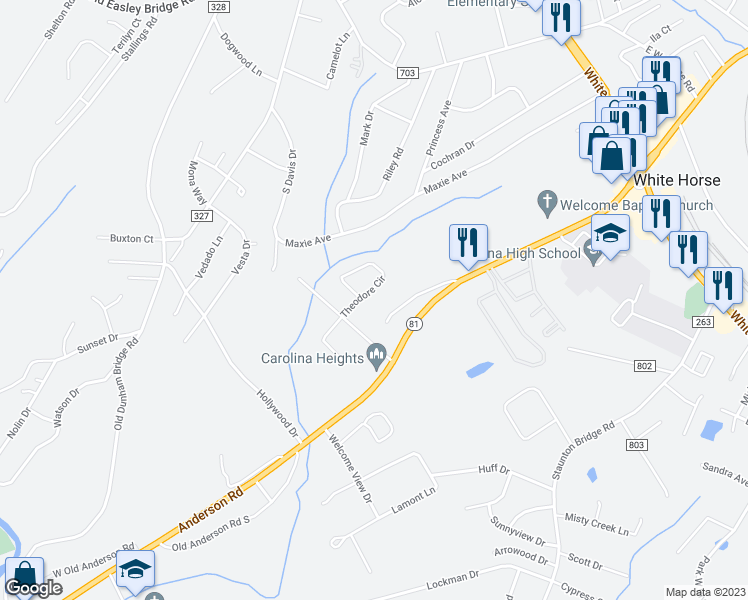 map of restaurants, bars, coffee shops, grocery stores, and more near 6 Theodore Circle in Greenville