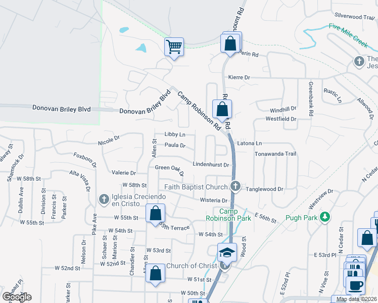 map of restaurants, bars, coffee shops, grocery stores, and more near 405 Paula Drive in North Little Rock