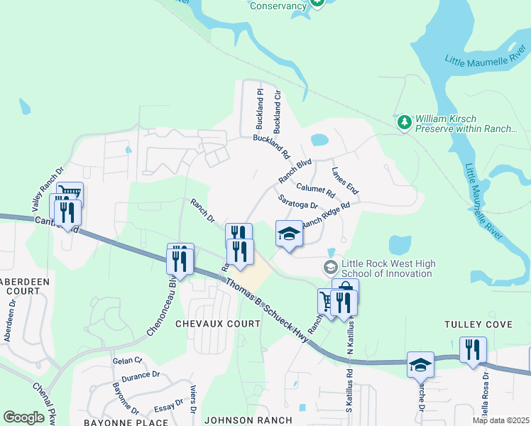 map of restaurants, bars, coffee shops, grocery stores, and more near 8401 Ranch Boulevard in Little Rock