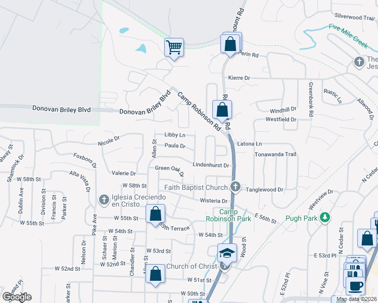 map of restaurants, bars, coffee shops, grocery stores, and more near 405 Paula Drive in North Little Rock