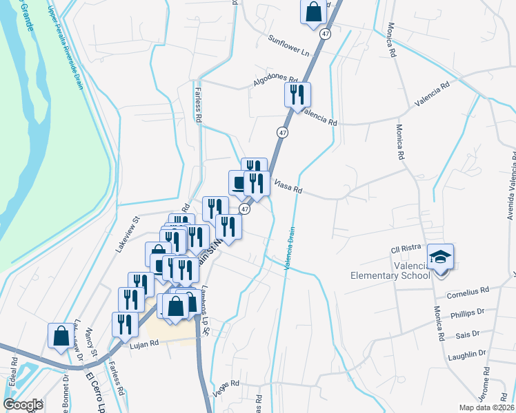 map of restaurants, bars, coffee shops, grocery stores, and more near 3471 New Mexico 47 in Los Lunas